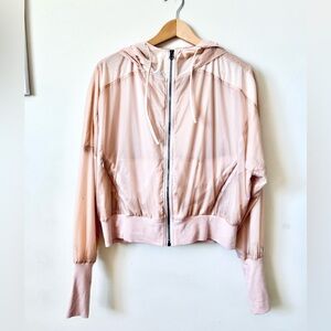 ALO Yoga Pale Pink Sheer Mesh Full Zip Hood Pockets Bomber Jacket Size M